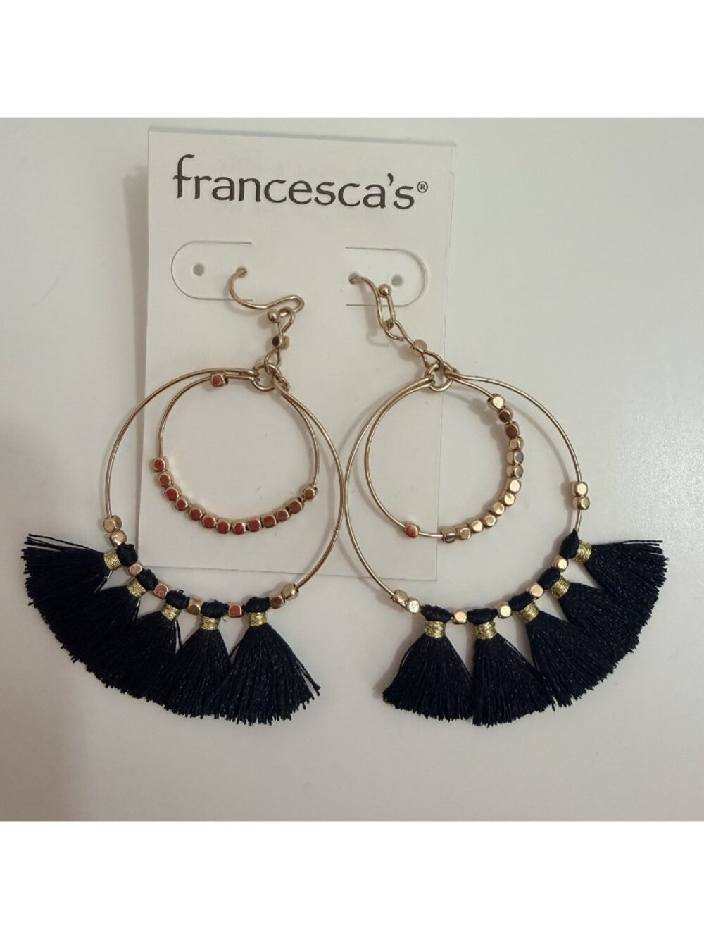 Francesca’s Gold Tone Dangle Double Beaded Hoop Black Thread Tassel Earrings